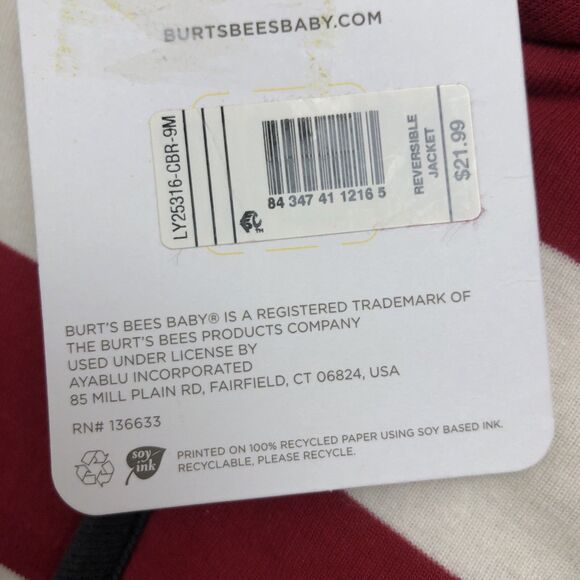 Burt's Bees Baby Hooded Jacket 6-9 Months Red White Stripe Organic Cotton - Picture 8 of 12